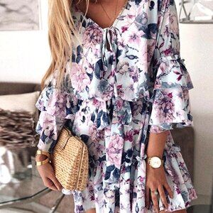 BLUE WITH PINK AND BLUE FLOWERS MINI DRESS TIE FRONT DOUBLE RUFFLE SLEEVE DRESS